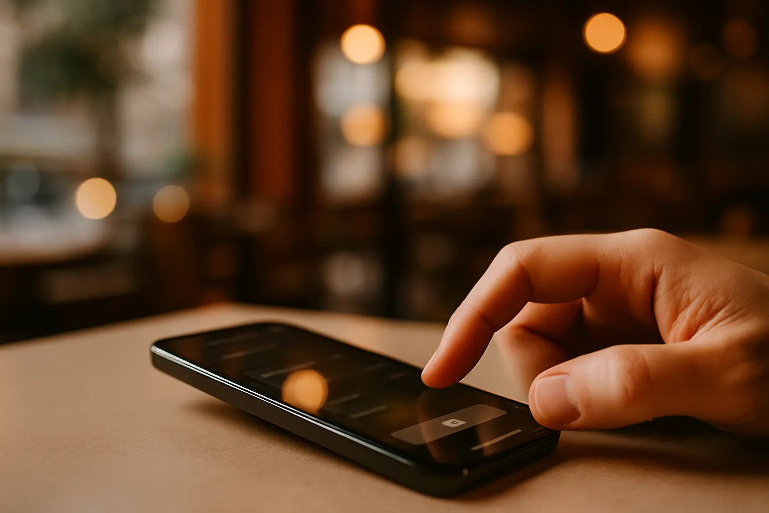 Hand confirming payment on a smartphone at a restaurant counter with warm bokeh lights.