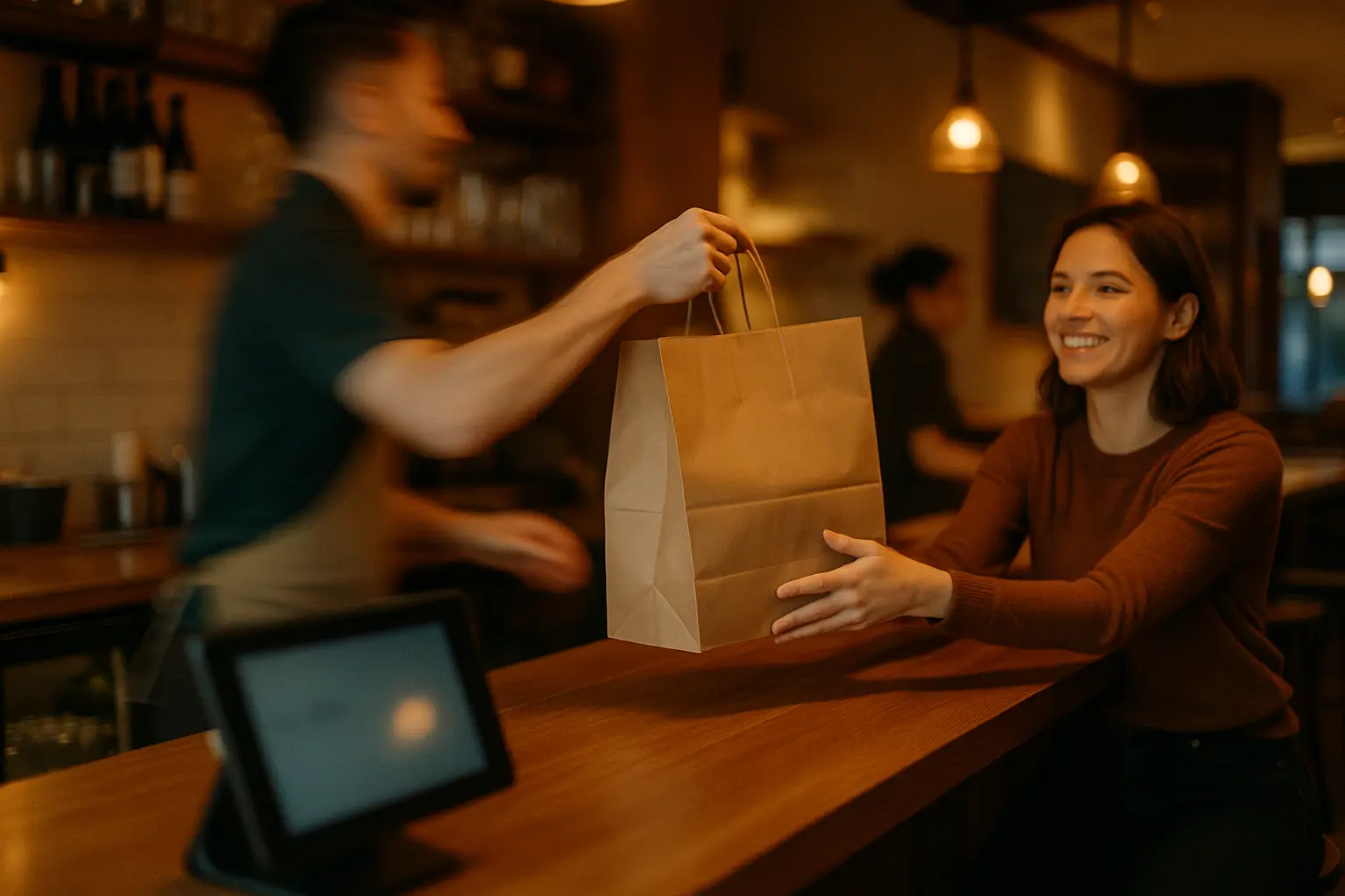 A restaurant server handing over a takeout bag to a customer across a counter.